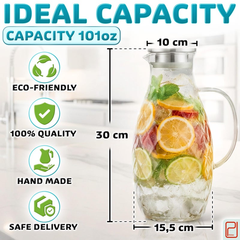 PJCKitchen Glass Pitcher with Lid and Spout - 3 Liter / 100 oz, Borosilicate Glass w/Handle - Carafe for Hot/Cold Beverages - Water Jug - Iced Tea Pitcher - Juice Server - by PJC-Kitchen - Image 2